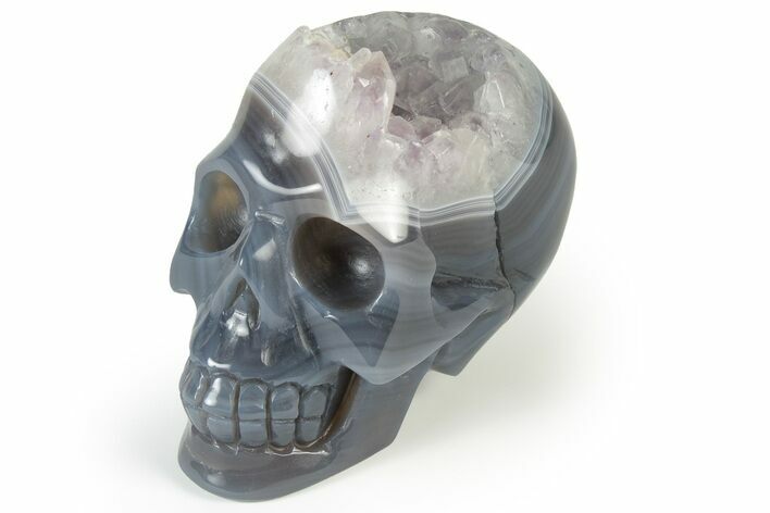 Polished Banded Agate Skull with Quartz Crystal Pocket #237074